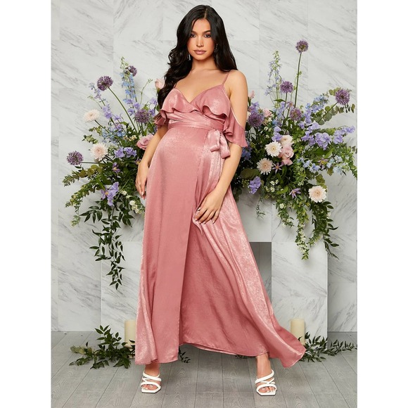 Maternity Cold Shoulder Ruffle Trim Knot Side Wrap Maxi Dress satin pink - Picture 5 of 6